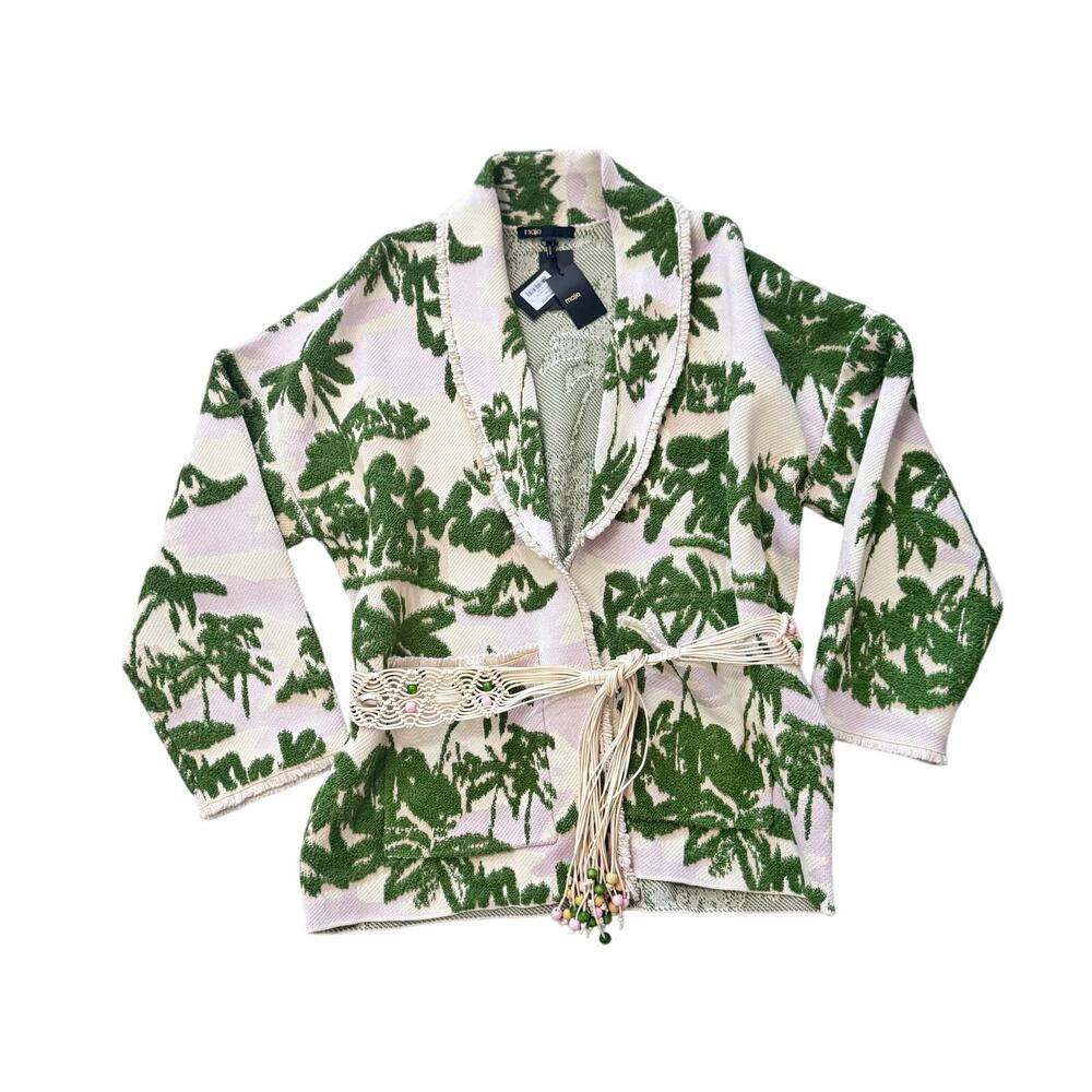 New Maje Imprime Aloha Beige Green Palm Tree Jacket Macrame Belted Sz 1 / US S - Picture 2 of 16